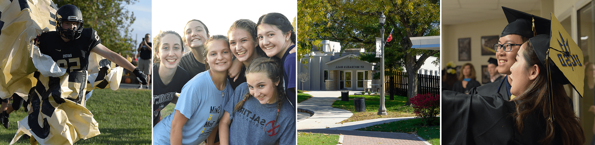 two graduates, the front of the campus building, a groups of students smiling, and football player 